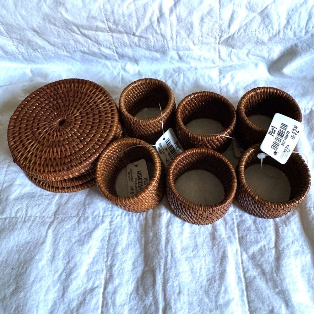 Pier 1 Hand Woven Napkin Rings and Drink Coasters 12 Piece